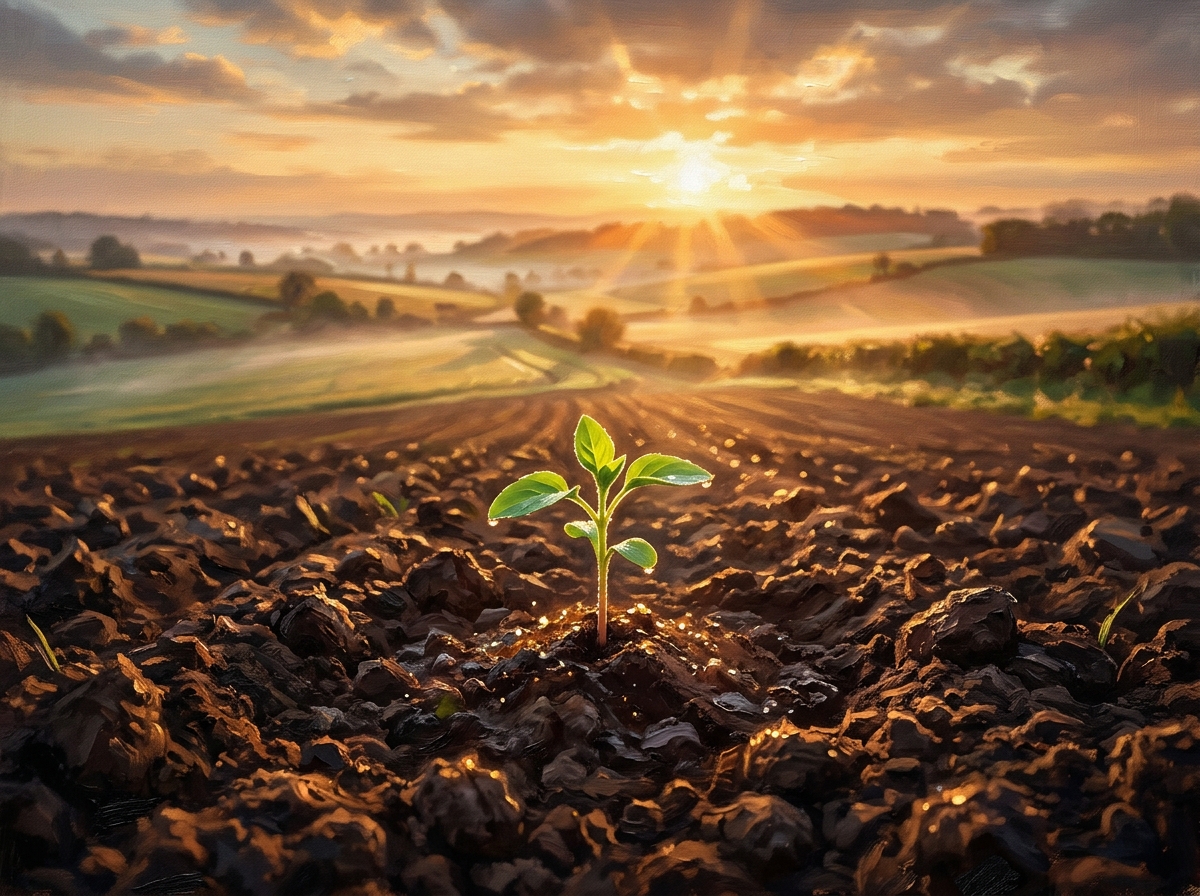 A vibrant seedling taking deep root in rich fertile soil at golden sunrise